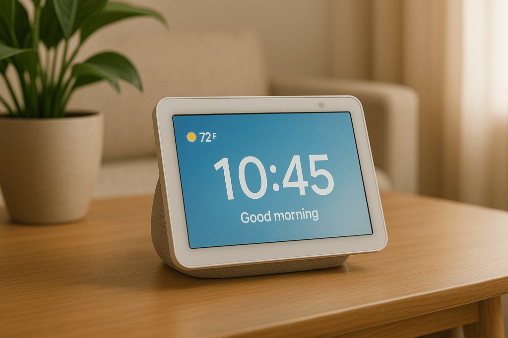 A smart display on a wooden table showing the time and weather in a cozy living room setting