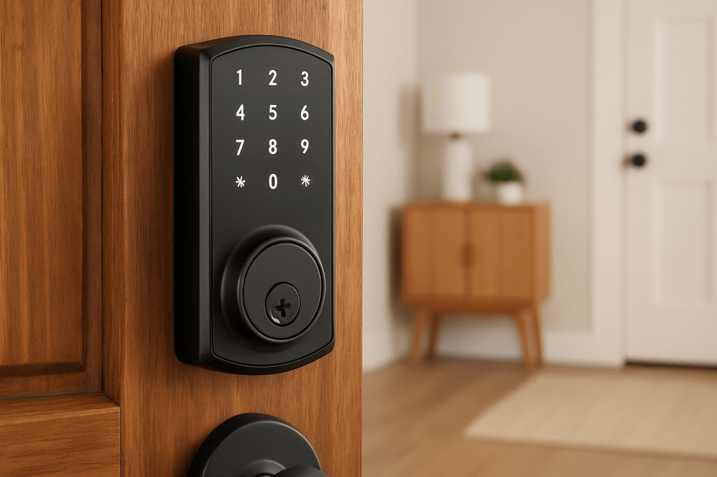 A black smart deadbolt lock installed on a wooden door with a modern entryway in the background