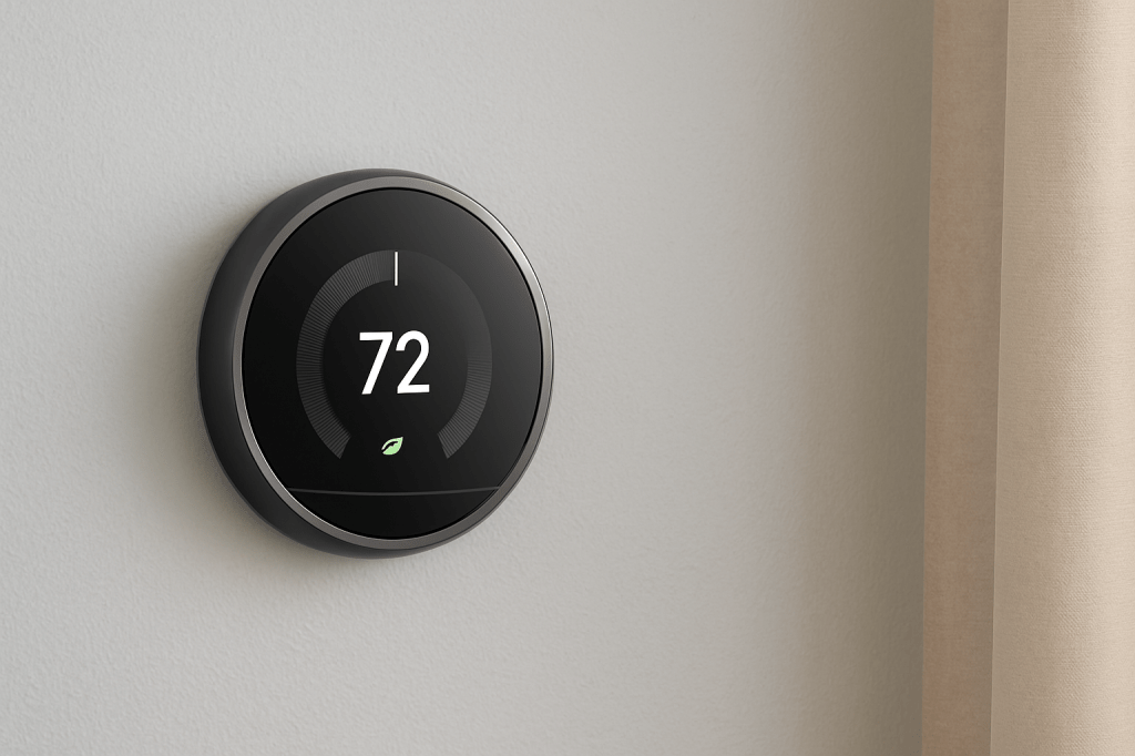 A modern smart thermostat mounted on a plain wall next to a beige curtain with no furniture or plants