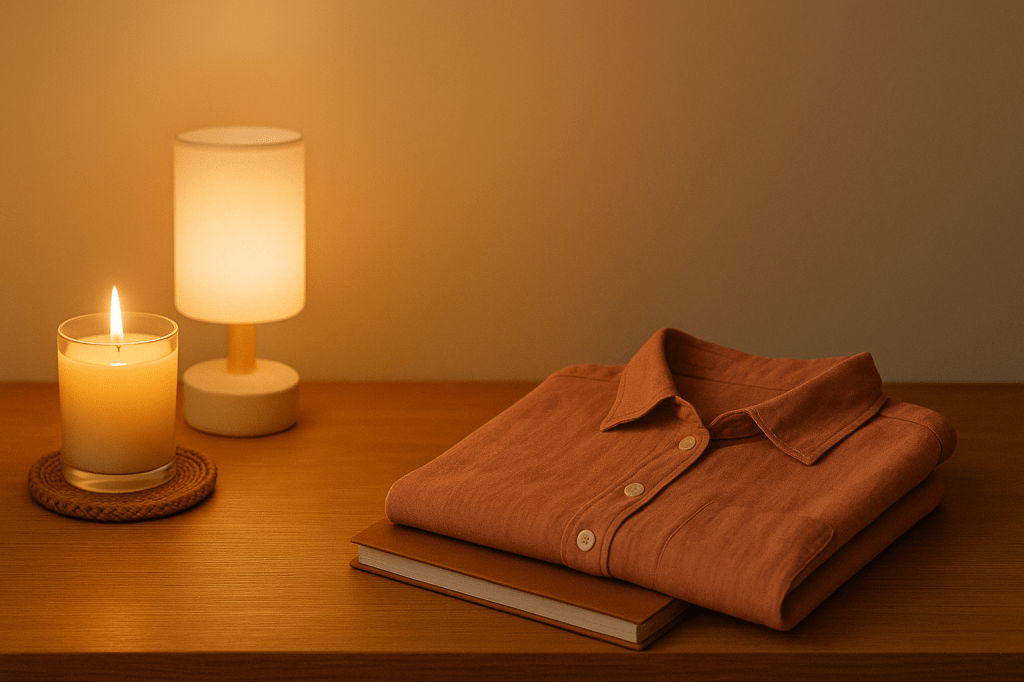 Minimalist Sunday night routine setup with folded shirt, candle, and table lamp on wooden surface for calm evening preparation