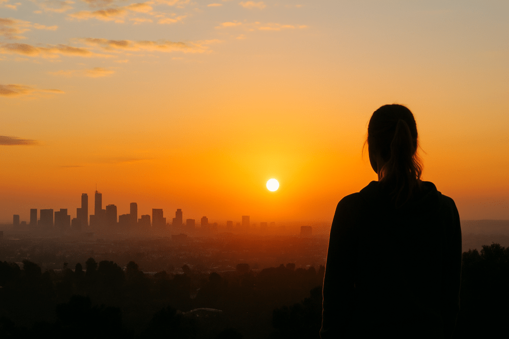 Motivational sunrise over city skyline with silhouette of woman preparing for the day, representing productive morning routines and winning the first hour