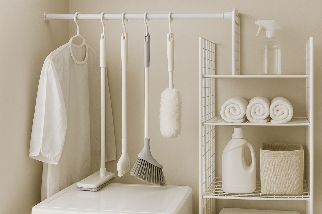A photograph captures a compact laundry area focused on a tension rod used to hang cleaning tools, alongside neatly organized storage shelves.