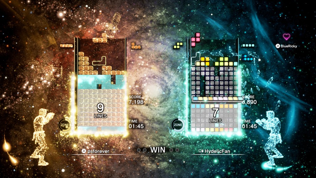 Visual of Tetris Effect gameplay with bright neon blocks falling, animated background visuals, and synced music waveform effects.