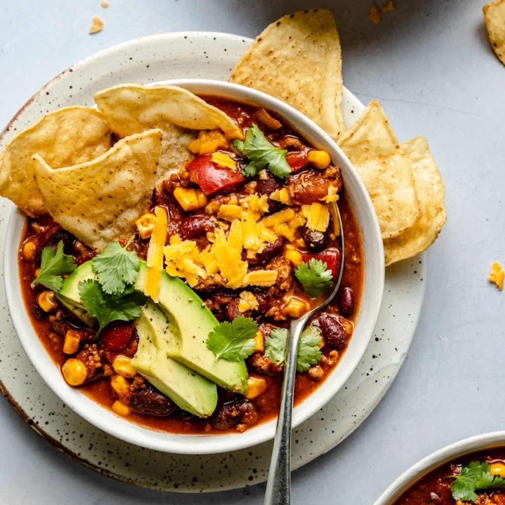 The image showcases ground turkey chili