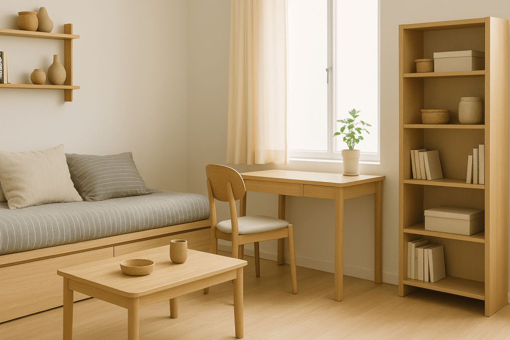 A photograph showcases a compact, minimalist living space with built-in storage, wooden furniture, and neutral decor in soft daylight
