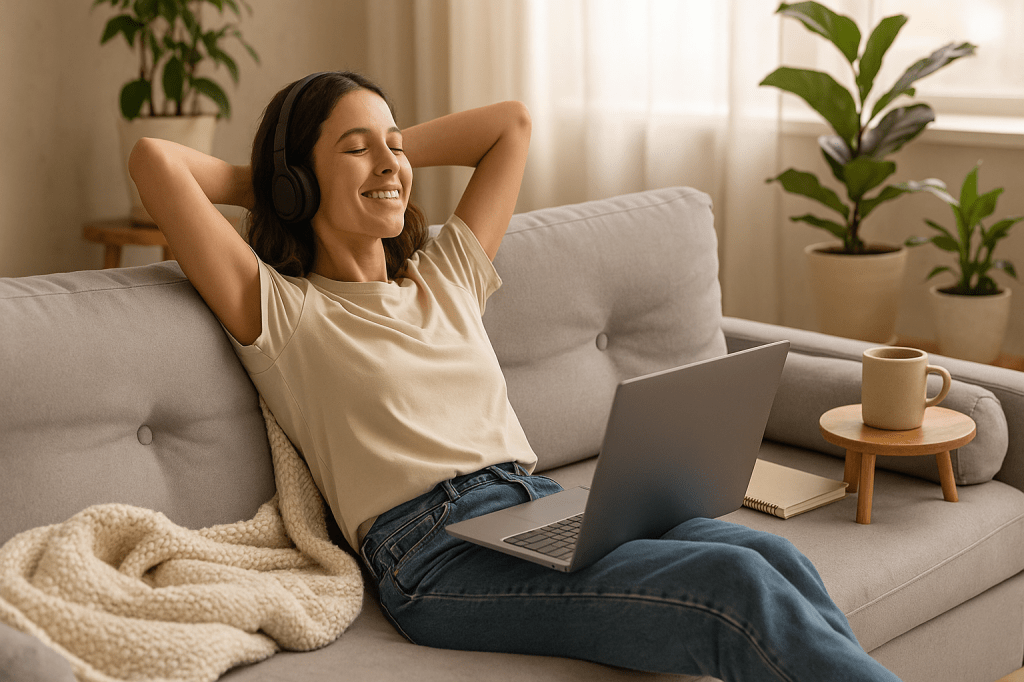 Young woman relaxing on a couch with headphones on, laptop and coffee nearby, in a cozy sunlit room.