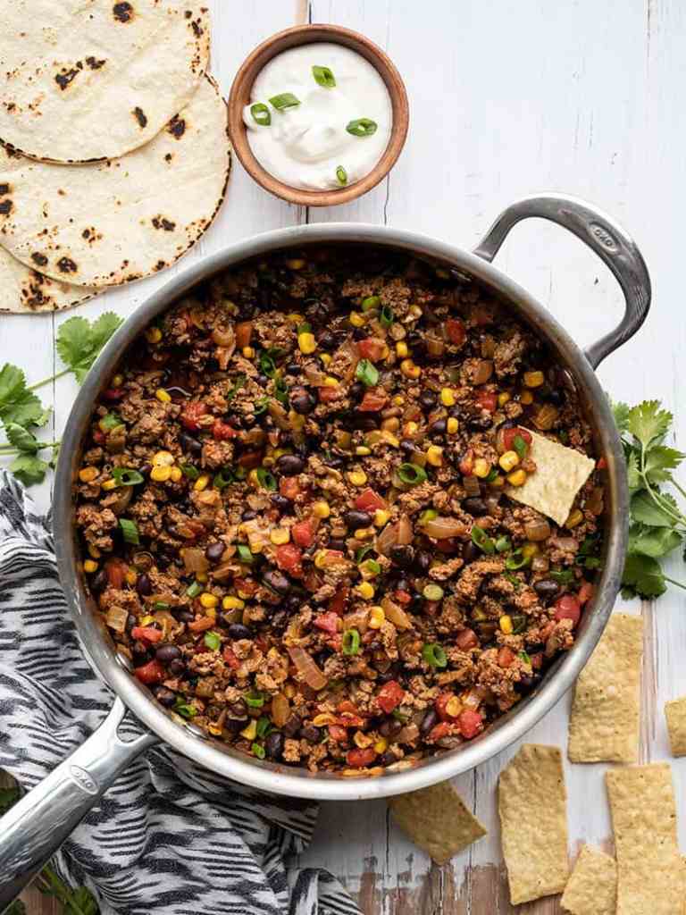The image showcases Turkey Taco Skillet the One Pan Wonder