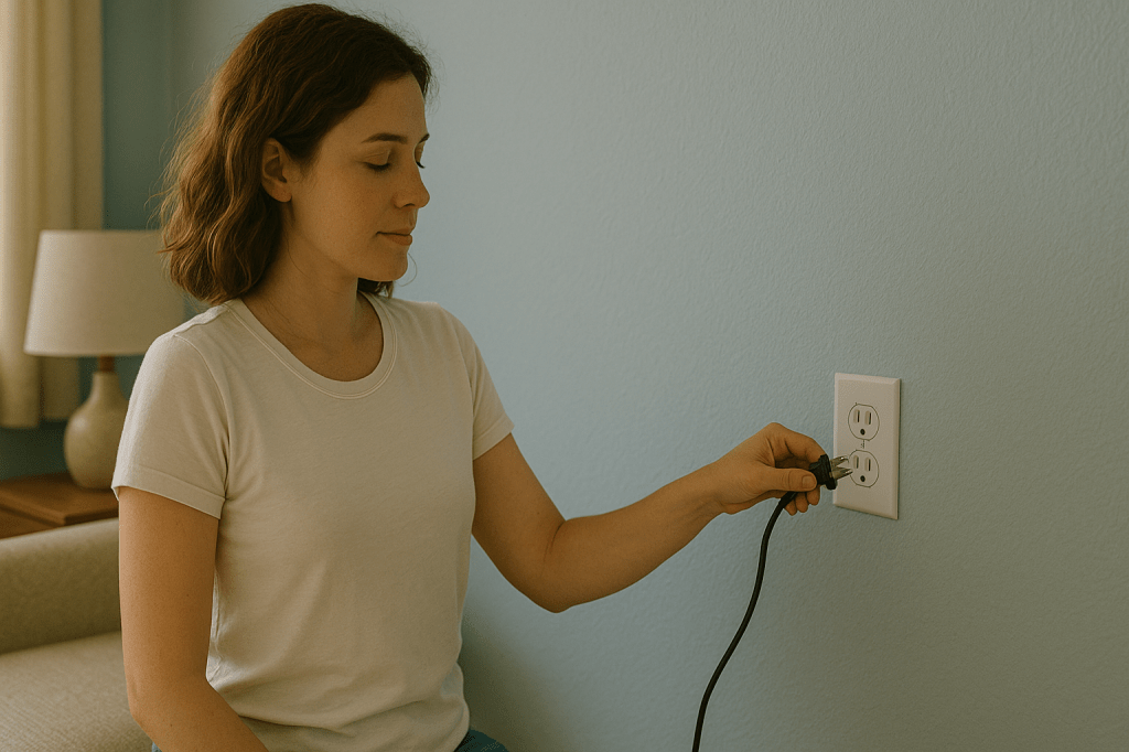 Woman unplugging an appliance to reduce indoor heat in a living room with light blue walls