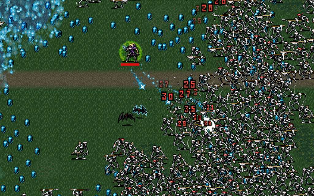 Pixel-art screenshot of Vampire Survivors gameplay showing a character surrounded by a horde of monsters and colorful attack effects on screen.