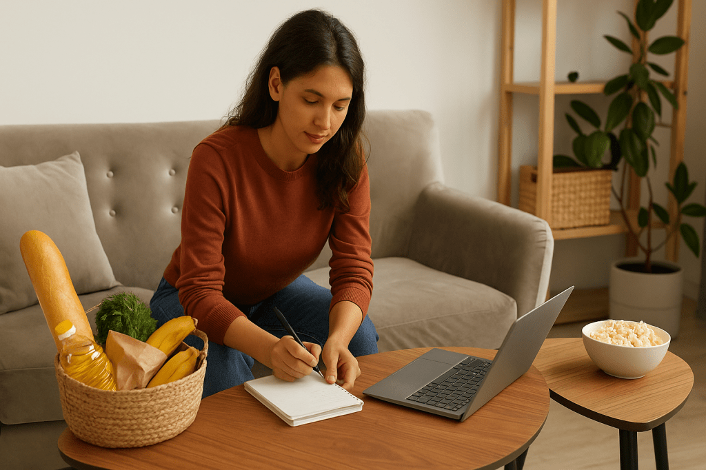 Woman writing a to-do list on a weekend morning, balancing chores and personal time in a cozy living room