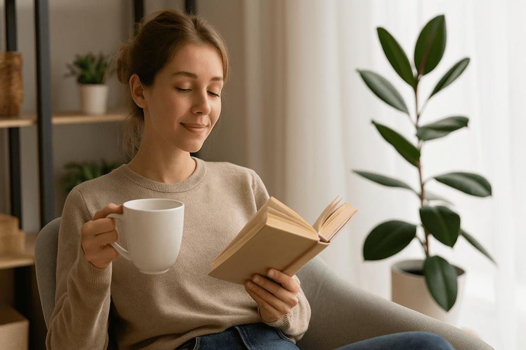 Woman enjoying quiet weekend time reading a book and drinking from a mug in a cozy living room setting