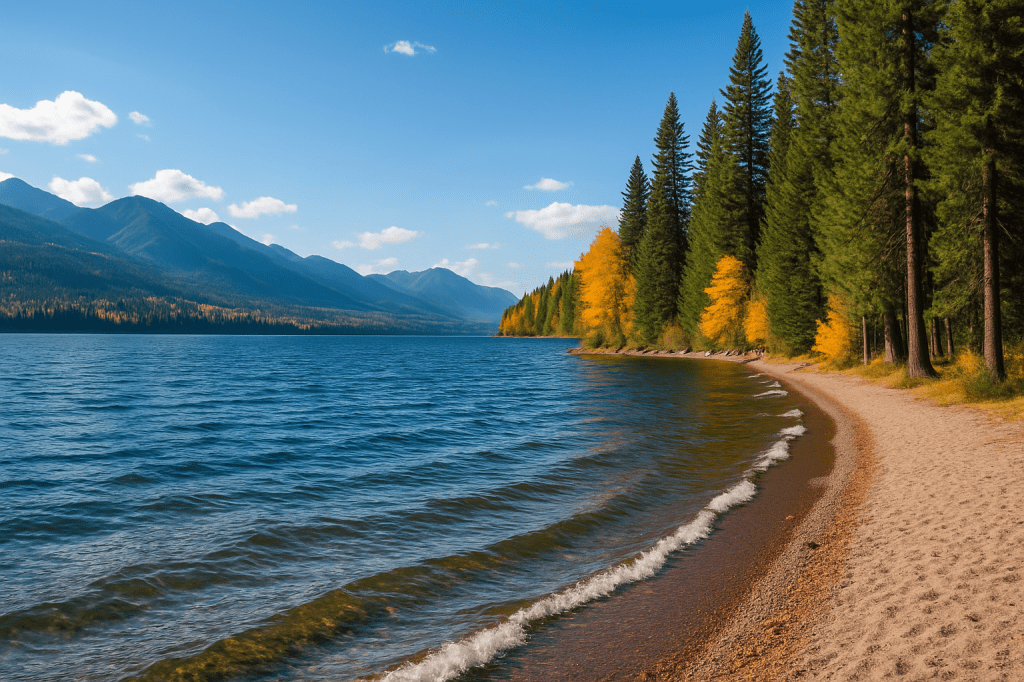 A high-resolution scenic photo of a lake in Whitefish, Montana, with clear blue water, a sandy shoreline, and a backdrop of forested mountains and golden autumn trees under a bright sky.