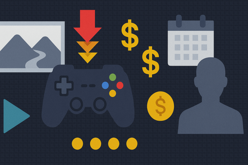 Flat illustration of a video game controller surrounded by icons representing monetization, time constraints, and bloated content