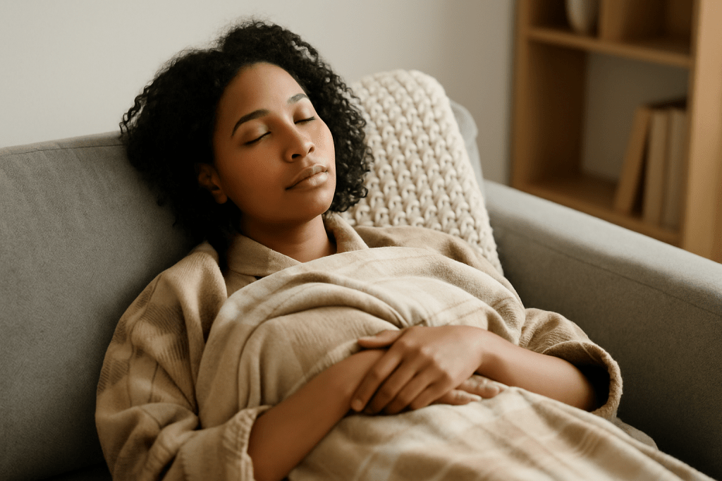 Young woman peacefully resting on a couch with a soft blanket, embodying calm and relaxation in a cozy home setting.