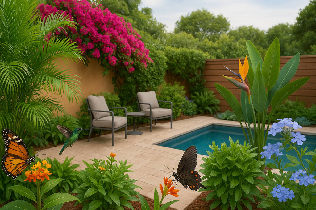 Lush backyard garden with tropical plants, butterflies, hummingbirds, and a pool surrounded by colorful flowers and privacy greenery